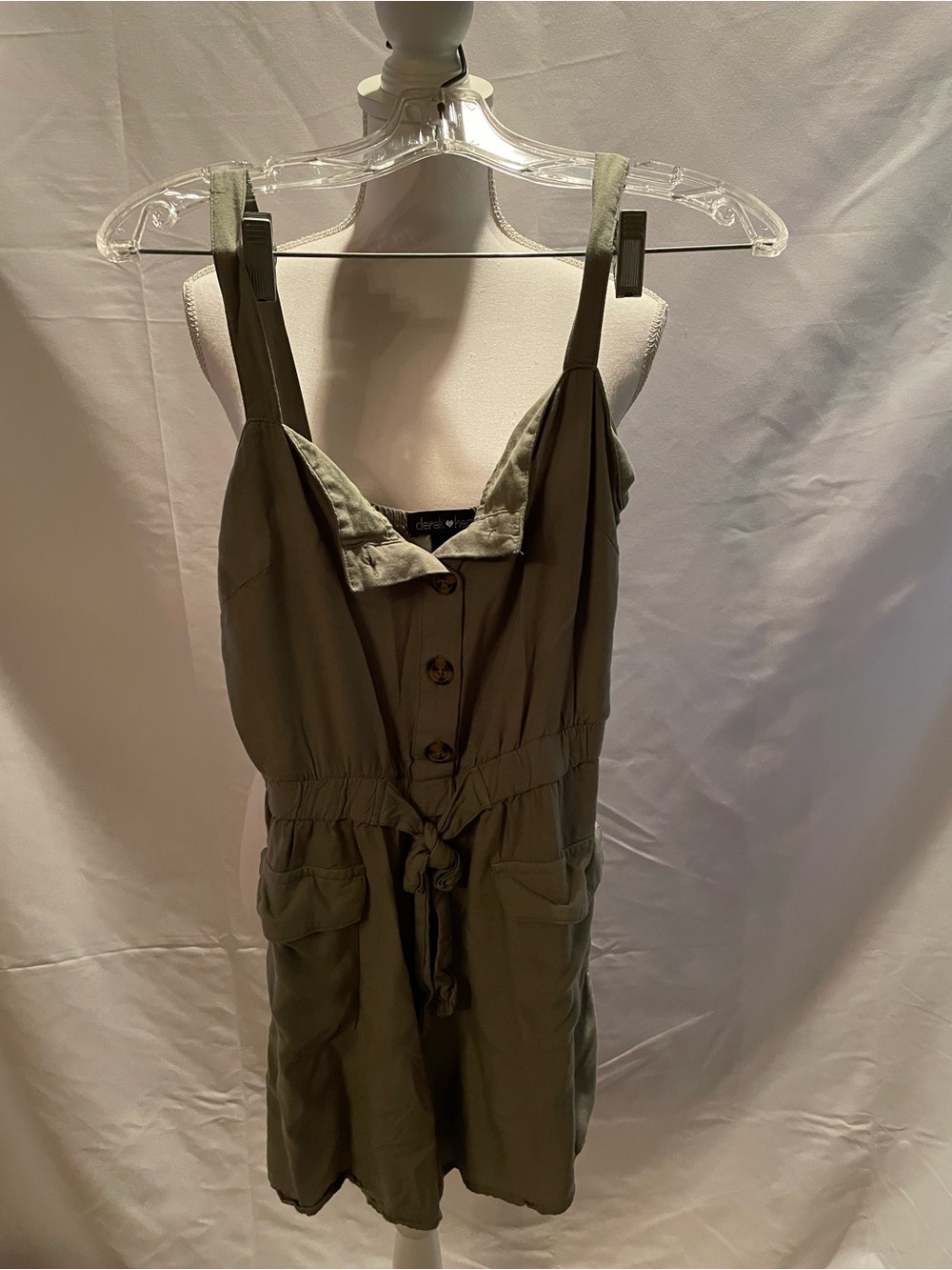 Derek Heart Olive Green Utility Romper with Tie Waist
